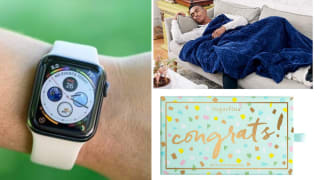 A watch, a blanket and a card.