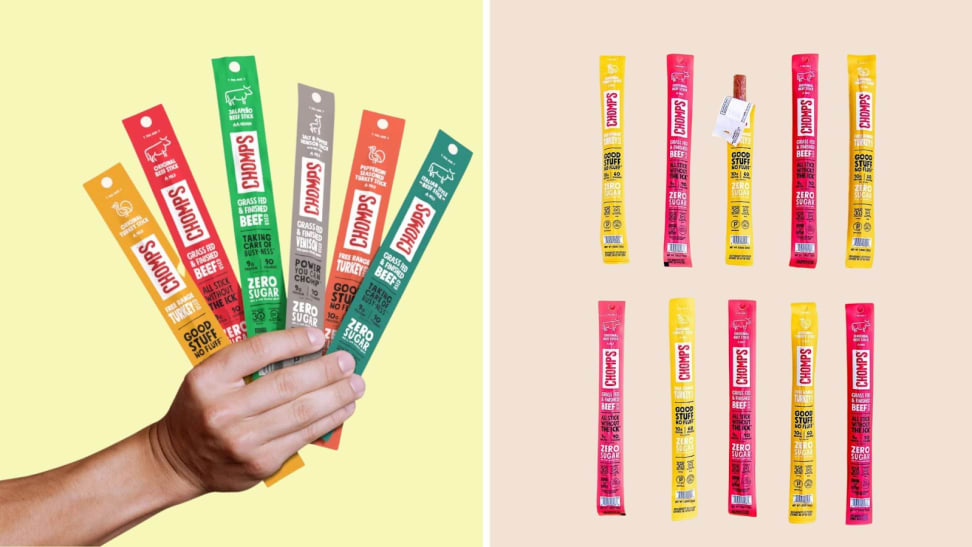 On left, hand holding up six Chomps beef jerky sticks in different flavors. On right, ten Chomps beef jerky sticks lined up in two different flavors.