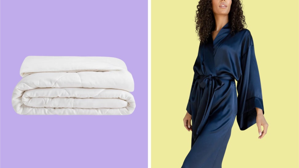 A Cozy Earth comforter and bath robe in front of colored backgrounds.