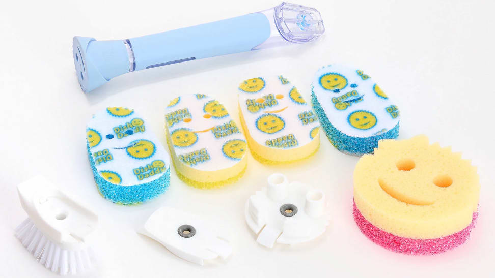 The various pieces of the Scrub Daddy Nine-Piece Soap Wand displayed on a white background.