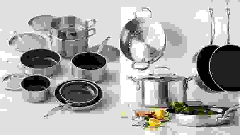 Several pieces of GreenPan cookware arranged on a white surface