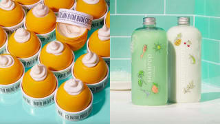 On left, lemon shaped container filled with moisturizer on top of blue surface. On right, green and white product bottles in front of green tile background.