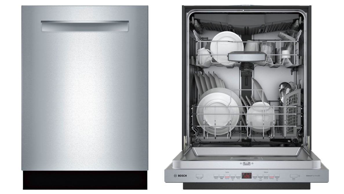 Bosch 500 Series SHPM65Z55N Dishwasher closed next to an image of the dishwasher open and full of dishes.