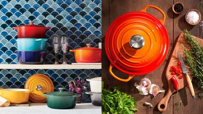 On left, multi-colored Le Creuset ceramic dishes on countertop and shelves in kitchen. On right, orange Le Creuset ceramic dutch oven next to cutting board with vegetables on it.