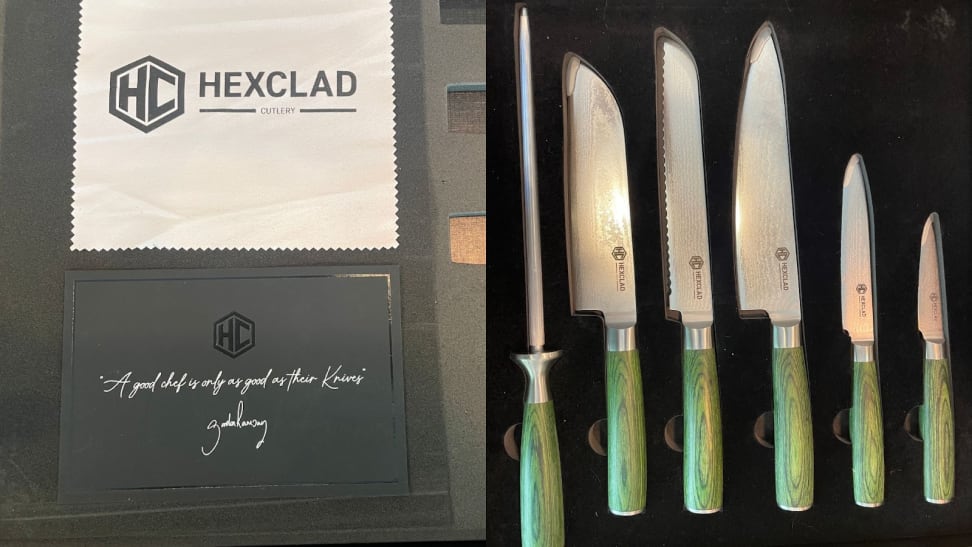 On left, two Hexclad brand cards on top of box packaging. On right, a 6-piece cutlery set with differently sized knives and emerald green handles lined up together in a row.
