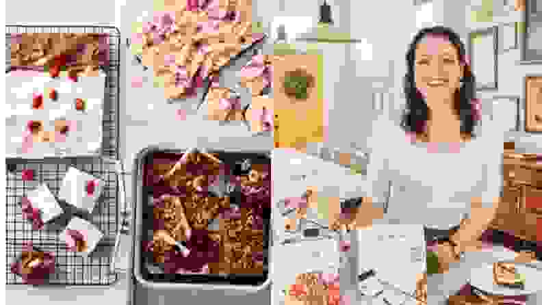 Left: A top-down photo of three different cakes arranged on a marble counter. Right: Joy Wilson, founder of Joy the Baker, poses next to her lined of boxed cake mixes in her home kitchen.