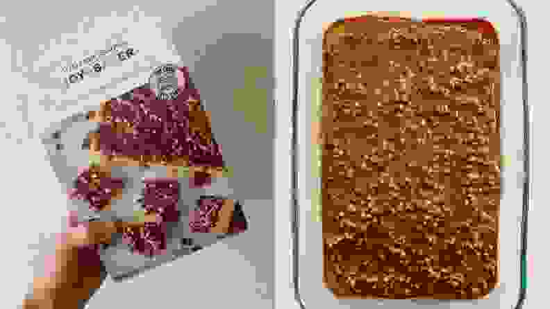 Left: A person holds a box of vanilla cake mix with praline frosting. Right: A top-down photo of a cake with praline frosting in a glass baking dish.