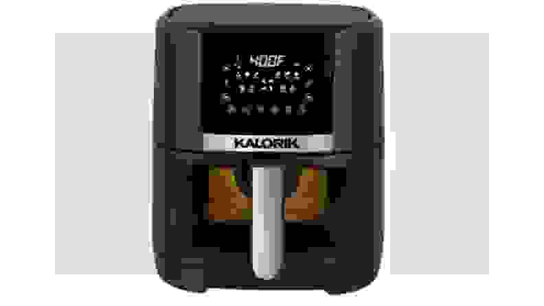 Product shot of the black and stainless steel Kalorik 5-Quart Digital Air Fryer with control panel and small screen displaying cooking temperature.