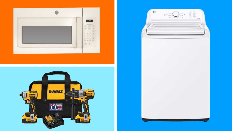 A microwave, a washing machine and tools on sale at Lowe's in front of colored backgrounds.