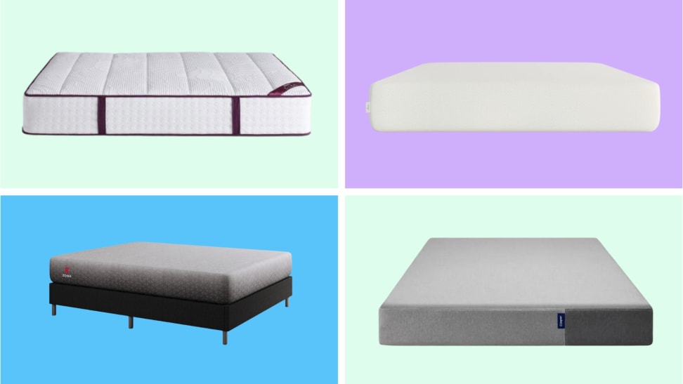 A collection of on-sale mattresses in front of colored backgrounds.