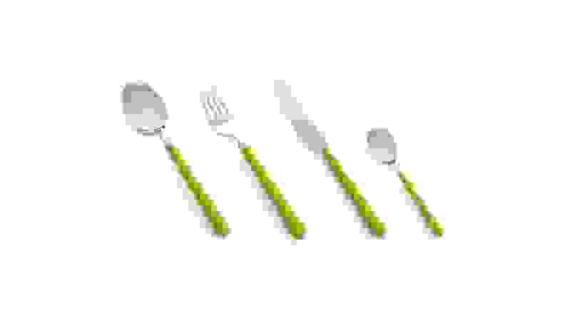 A 4-piece set of stainless steel flatware with bright lime-colored handles against a white background.