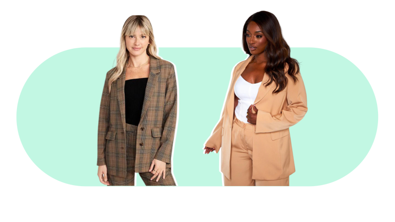 A model wearing a plaid suit, and a model wearing a beige suit.