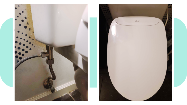 On right, water line from wall connected to toilet. On right, top view of closed lid on the Bio Bidet Discovery DLS smart seat.