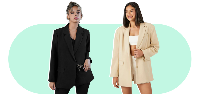A model on the left wears a black blazer, and a model on the right wears a khaki blazer.
