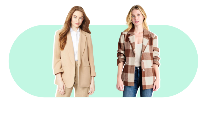 A model wearing a beige blazer on the left, and another model wearing a brown plaid blazer on the right.