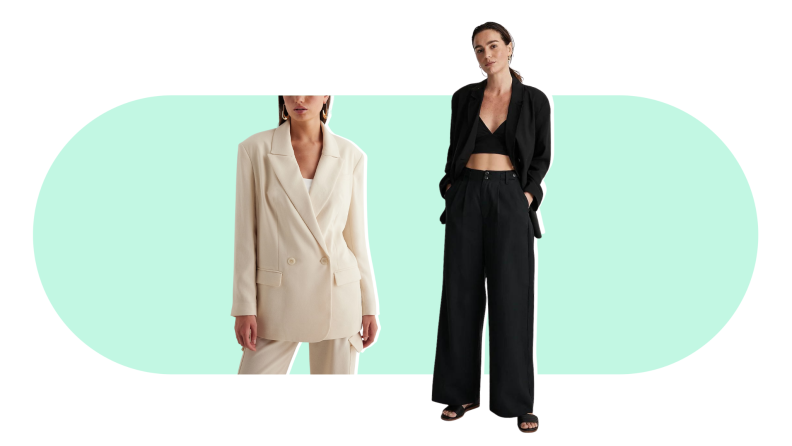 A model on the left wearing a pale blazer, and another model on the right wearing a matching black suit.