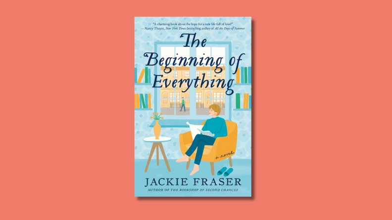 An image of the cover of 'The Beginning of Everything' by Jackie Fraser featuring a blonde person sitting on a yellow chair in a blue-hued room.