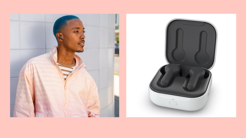 A side by side image of someone wearing the new Echo Buds and the Echo Buds in the case