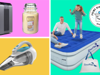 Collage of an air purifier, candle, handheld vacuum, and air mattress on a colorful background.