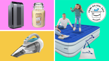 Collage of an air purifier, candle, handheld vacuum, and air mattress on a colorful background.