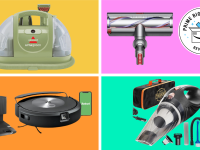 Collage of various vacuums on sale at Amazon, including models from iRobot, Bissell, and Dyson.