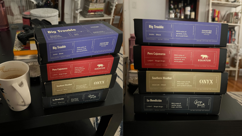 Two images of the same stack of Cometeer coffee pod boxes, including coffee from Counter Culture, Equator, Onyx Coffee, and George Howell Coffee.