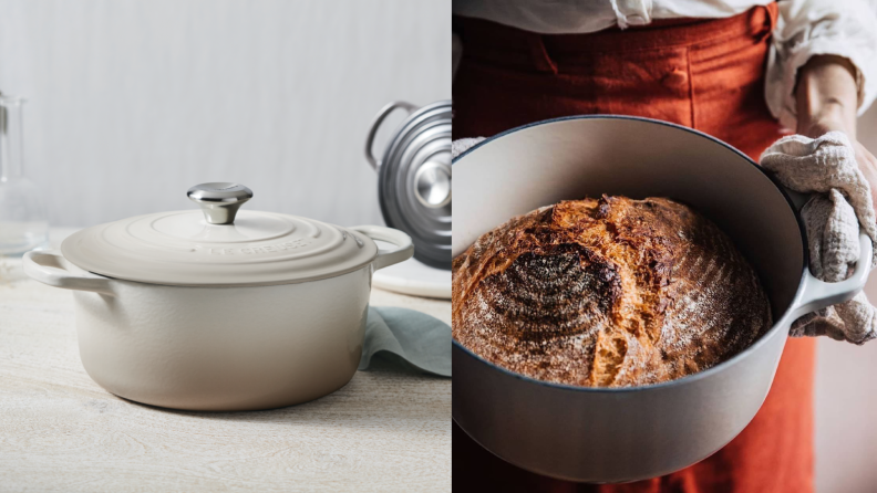 Left: A white Le Crust Dutch oven on a kitchen counter. Right: A person wearing a red apron holds a light grey Dutch oven filled with a freshly baked round loaf of bread.
