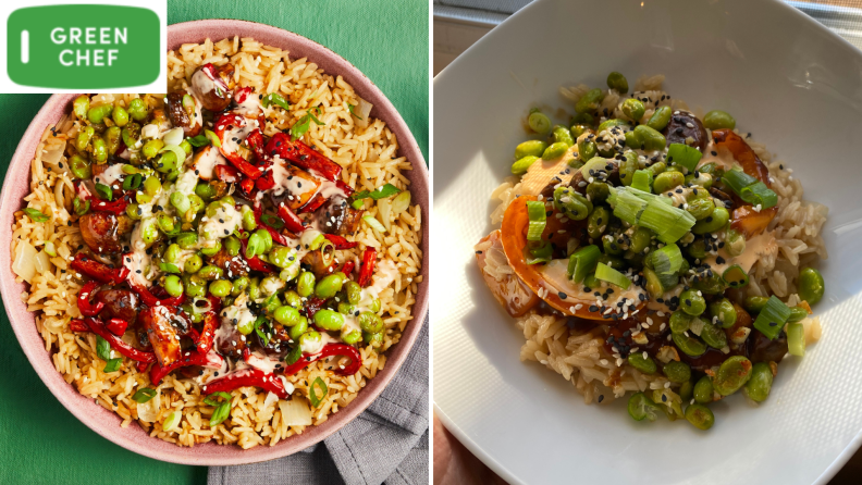 A professional and tester's side-by-side photos of rice and veggies.
