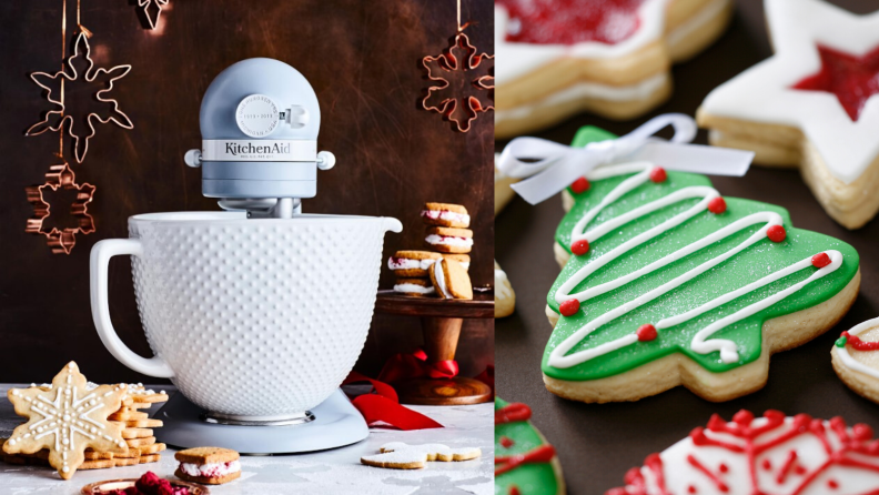 On left, blue KitchenAid stand mixer. On right, a Christmas tree-shaped sugar cookie