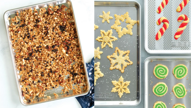 On left, granola on baking sheet. On right, three baking sheets with holiday cookies