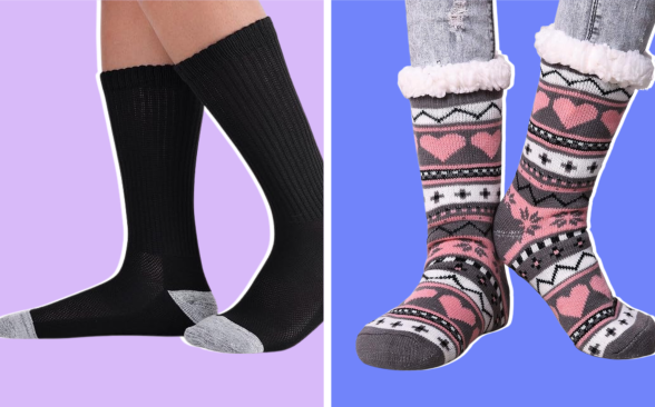 On left, Pembrook socks in black, on right, Dosoni socks in multicolor pink and gray