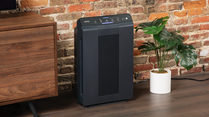A Winix air purifier sits next to a potted plant.