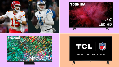 A colorful collage of discounted TVs with NFL quarterbacks.