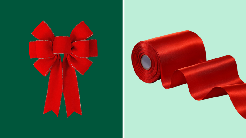 On the left, a red bow against a green background. On the right, a red ribbon