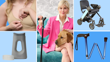Collage of person fastening a nude adaptable bra, a gray portable urinal, a wheelchair and a foldable cane. Selma Blair appears in the center.