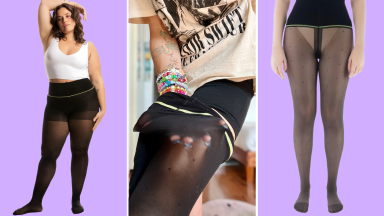 On left, model poses with hand over head and arm by side with hand on thigh while wearing Sheertex black sheer tights. In middle, person uses pointy fingernails to show durability of black sheer Sheertex tights. On right, model poses in black sheer Sheertex tights with both arms by side.