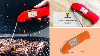 A collage of ThermoWorks meat thermometers on a colored background.