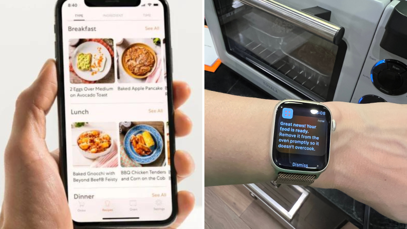 Left: A hand holding up a smartphone displaying the Tovala app. Right: A person wearing a smart watch that says the food in the Tovala oven is ready.