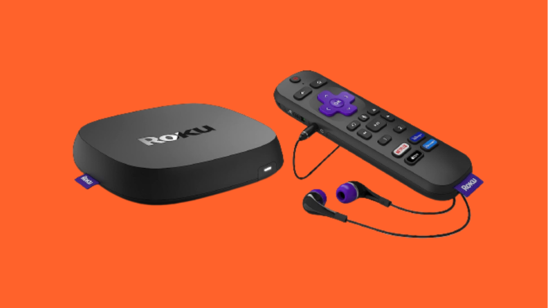 Roku Ultra box and remote against orange background