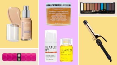 Collage of on-sale beauty products at Walmart, including a curling iron, face mask, and foundation.