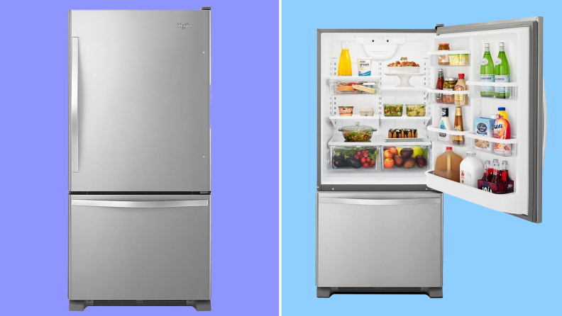 Product shot of Whirlpool WRB119WFBM refrigerator with door open featuring food.